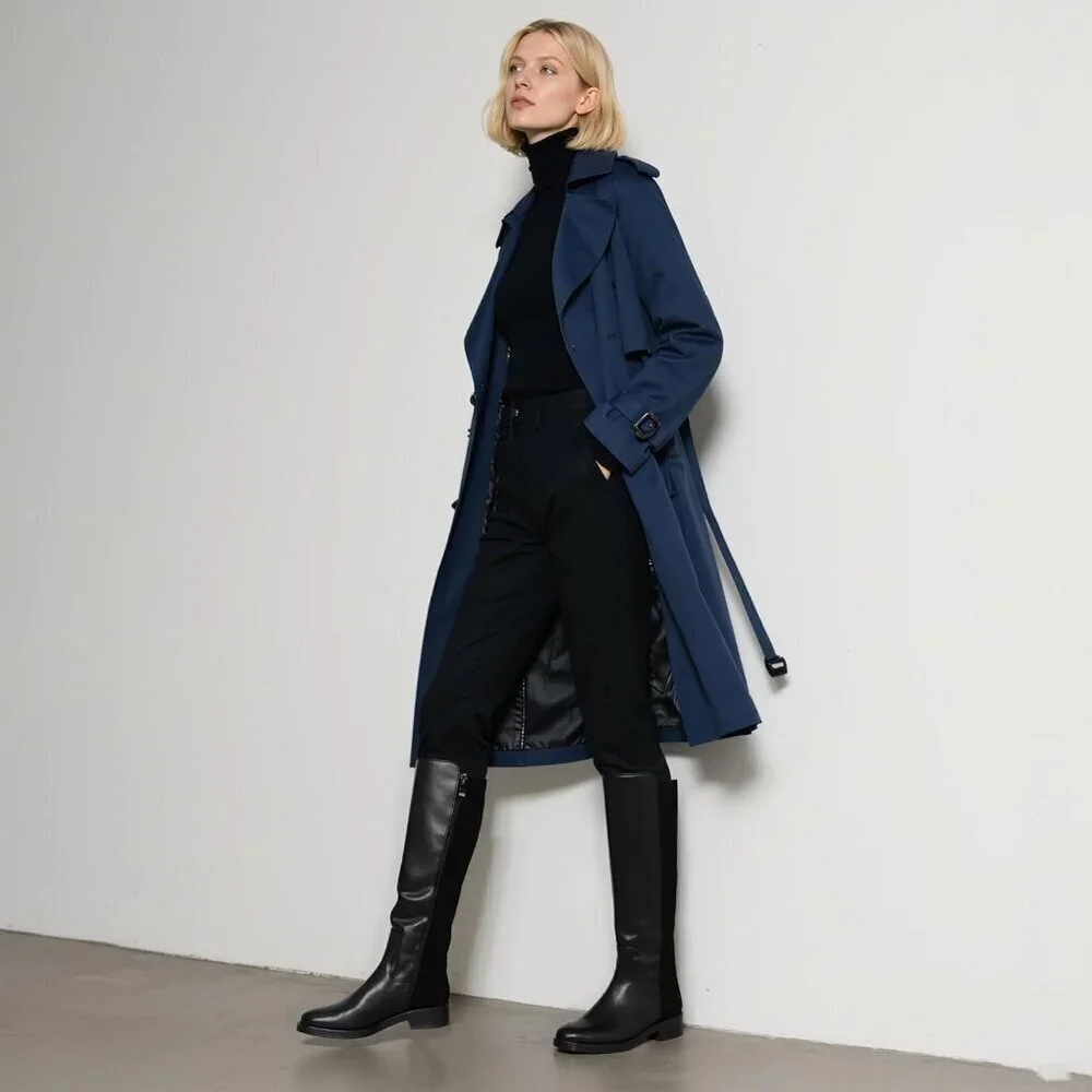 Women Polyurethane Stretch-black Round Toe Flat Heel Side Zipper Knee High Boots